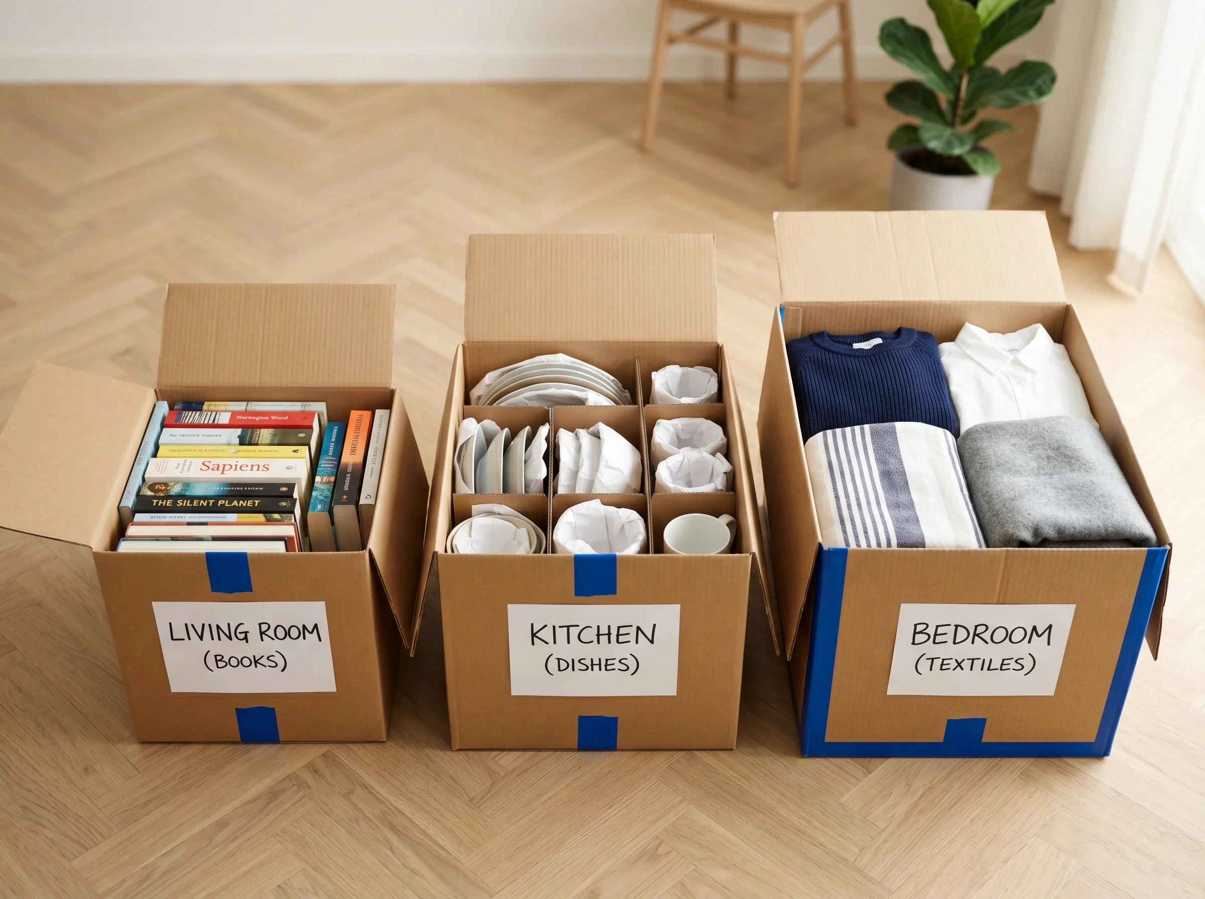 MovePlus moving team organizing boxes and furniture before transport