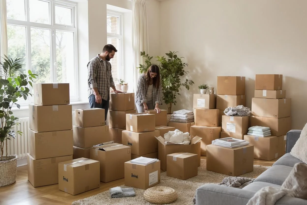 MovePlus team preparing packed boxes for a household move